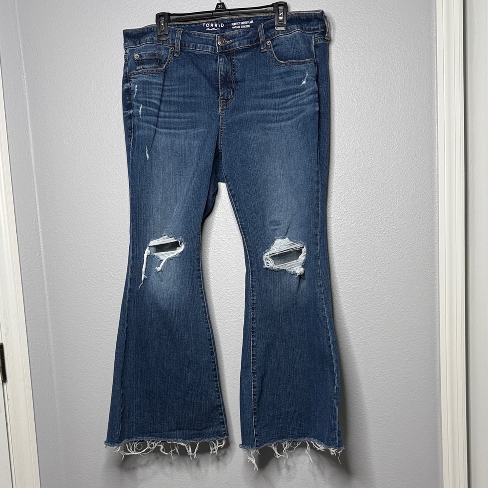 Torrid Dark Blue Distressed Flare Jeans
